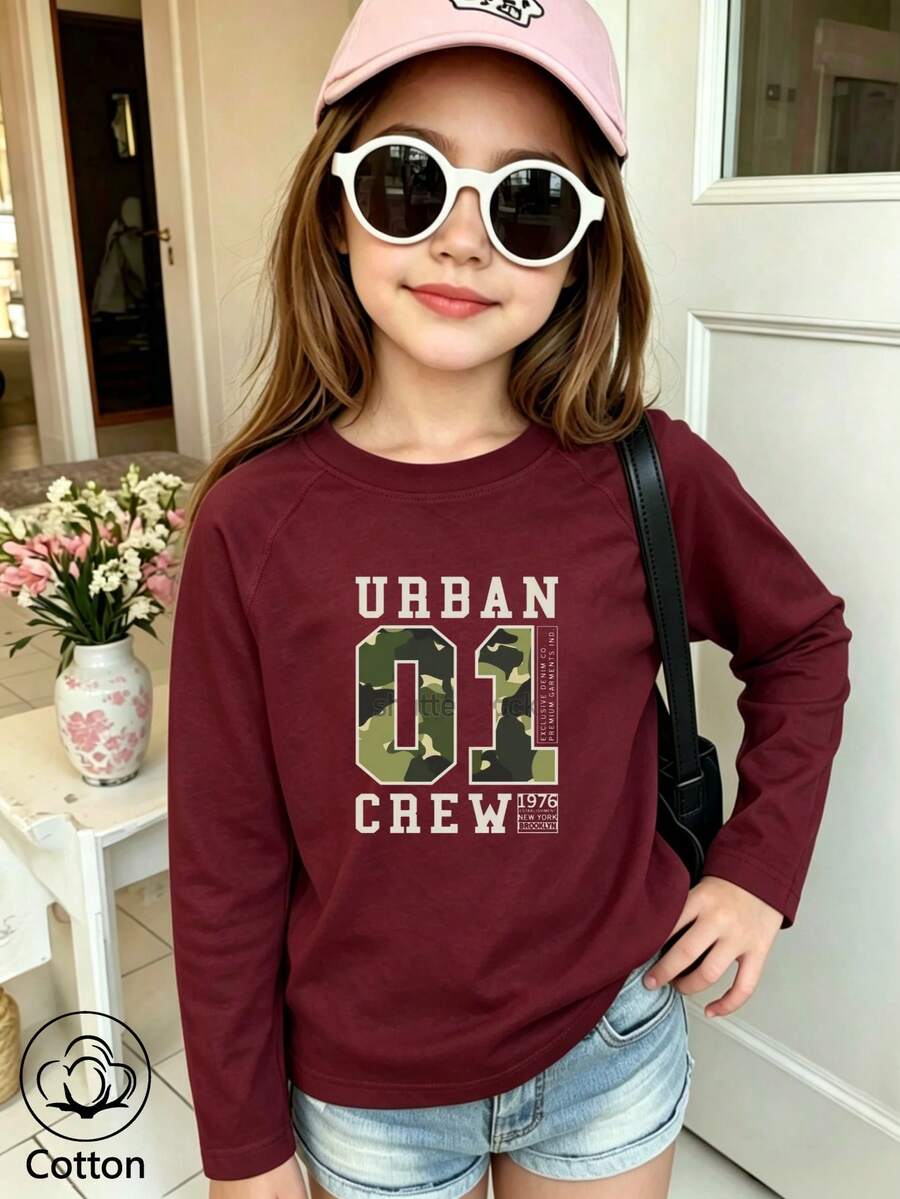 Girls' Cute Printed Long-Sleeve Casual Sports T-Shirt With Set-In Sleeves And A Round Neckline - Jujube Red - View 1