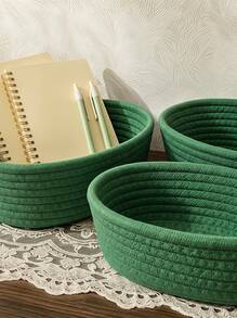 Cirelle 3pcs/1pc Large Capacity Oval Handwoven Storage Basket, Bohemian Style Rope Woven Basket, Suitable For Kitchen, Bathroom, Clutter, Bedroom, Living Room, Dorm, Desk, Vanity, Home Decor, Bathroom Storage, Also Suitable For Storing Snacks - Green - View 7