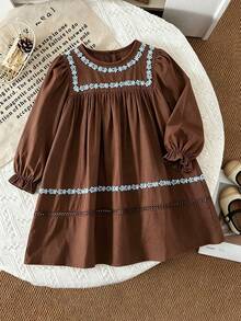 bearleader Girls' Pure Cotton Dress, Floral Lace Long Sleeve Solid Color, Autumn/Winter/Spring Style, 3-7 Years Old - Coffee - View 1