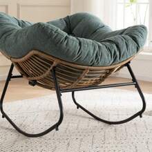 Oversized Egg Rocking Chair, Wicker Rattan Patio Lounge Chair With Thick Cushion, Egg-Shaped Rocker For Balcony, Porch, Garden & Bedroom - Green - View 2