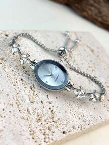 Women's Rhinestone Oval Dial Quartz Watch Adjustable Leaf Slider Bracelet Wristwatch Gift For Her Birthday Christmas - Silver - View 4