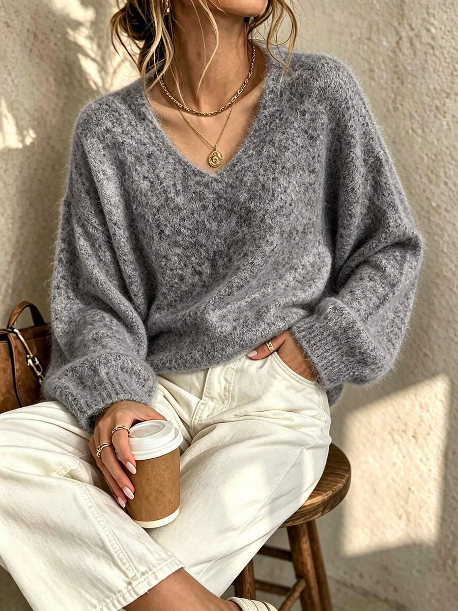Women's V-Neck Ribbed Long Sleeve Soft Comfortable Loose Casual Fashion Versatile Knit Pullover, Suitable For Urban Commute And Daily Wear - Grey - View 1