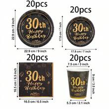 10/20/40/50/60/80件組 30歲生日派對一次性餐具套裝，黑金煙火禮物氣球印花 7英吋與9英吋紙盤、杯子、餐巾紙，30歲里程碑慶祝派對桌面裝飾，成人生日宴會 - 黑色30歲 - 查看 16