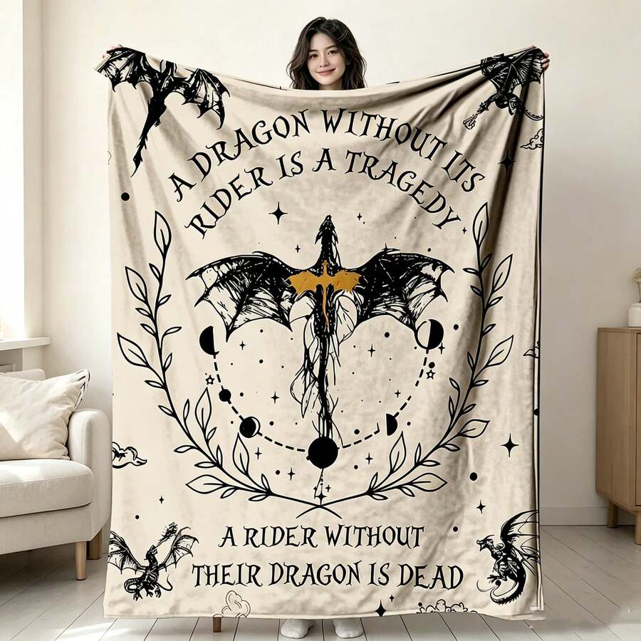 1PC Dark Dragon Rider Text Print Flannel Blanket, Fantasy Themed Decorative Throw Blanket For Sofa Bedroom - Multicolor - View 1