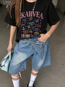 Kaos Pullover Lengan Pendek Bermotif 1 buah untuk Anak Perempuan Remaja, Pakaian Anak-Anak Sekolah, Atasan Musim Panas untuk Anak Perempuan Remaja - Hitam - View 2