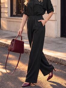 Women Fall Collared Button Front Jumpsuit, Roll‑Tab Sleeve Elastic High Waist Wide Leg One‑Piece Pants - Black - View 2