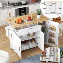 L132.5*B44(70)*H90cm Large Mobile Kitchen Table, Foldable Countertop, Oak Wood Grain, Multifunctional Cabinet, Spice Rack, Towel Holder, 5 Wheels, Suitable Kitchen/Dining/House - White+Natural + MDF - View 6