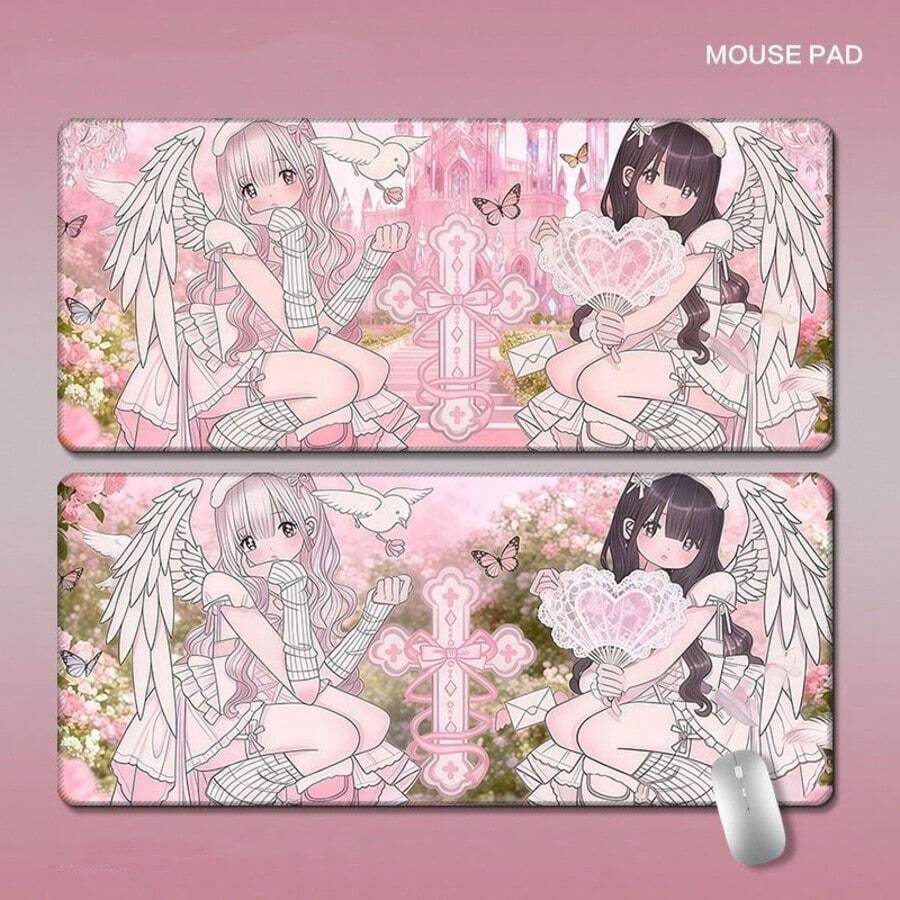 Anime Cute Angel Girls Mouse Pad XXL Rubber Kawaii Desk Mat PC Gamer Cabinet Non-Slip Waterproof Mouse Pad Keyboard Rug Pink Carpet - View 1