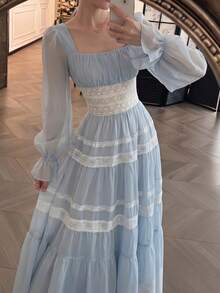 Elegant Lace Square Collar Evening Party Dress Women Autumn New Long Sleeve Ruffle Modest Wedding Graduation Prom Dresses Vintage Festival Outfit - Baby Blue - View 6