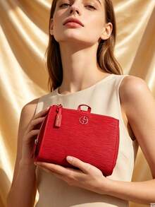 2 Colors Available Embossed Texture Cosmetic Storage Bag With Carry Strap Zipper Closure Portable Travel Toiletry Pouch For Makeup Skincare Organization Holiday Birthday Gift Armani - Red - View 2