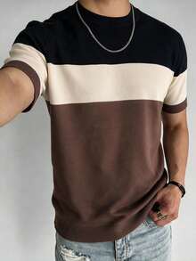 1pc Men's Striped Round Neck T-Shirt, Slim Fit Short Sleeve Knit Sweater, Contrast Color New Arrival Short Sleeve Knit Top - Brown - View 4