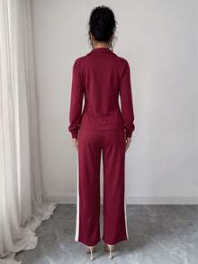 LUNNELUX Women Fall Wine Red Color Block 2 Pieces Outfits, Half Zip Collar Long Sleeve Top & Side Stripe Wide Leg Pants Set, Casual Daily Tracksuit - Burgundy - View 2