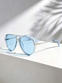 1pc Women's Transparent Blue Spring/Summer Vintage Simple Large Frame Fashion Glasses Suitable For Beach And Travel Use - Transparent Blue - View 3
