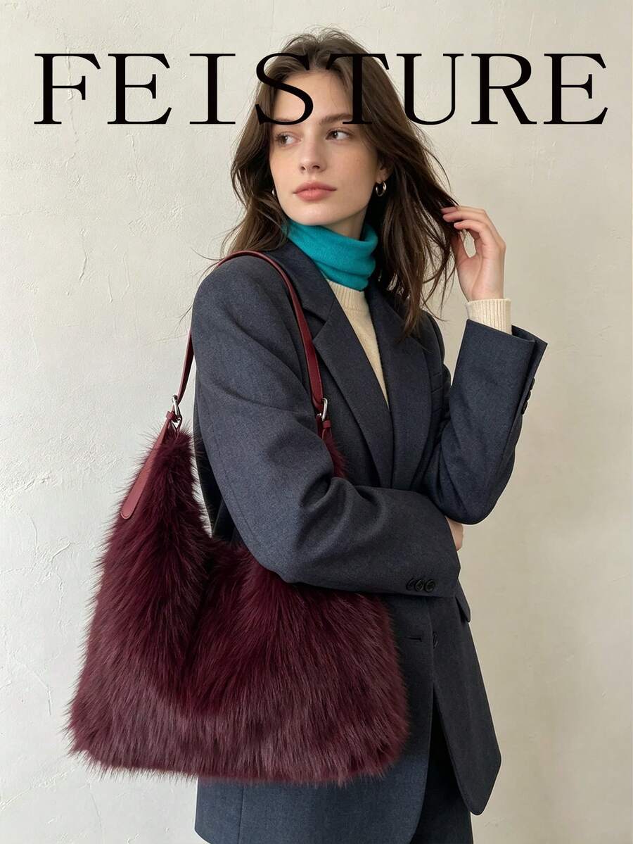 FEISTURE 1件秋冬毛絨單肩包，大容量馬鞍包，女款毛茸茸包款，適合女孩、女士、大學生、職場新人與白領上班族，完美適用於工作、商務、通勤、上學