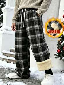 Men's Plaid Wool Lined Wide Leg Pants, Elastic Waist Drawstring Loose Casual Pants With Side Pockets, Suitable For Winter Outdoor Wear - Black - View 1