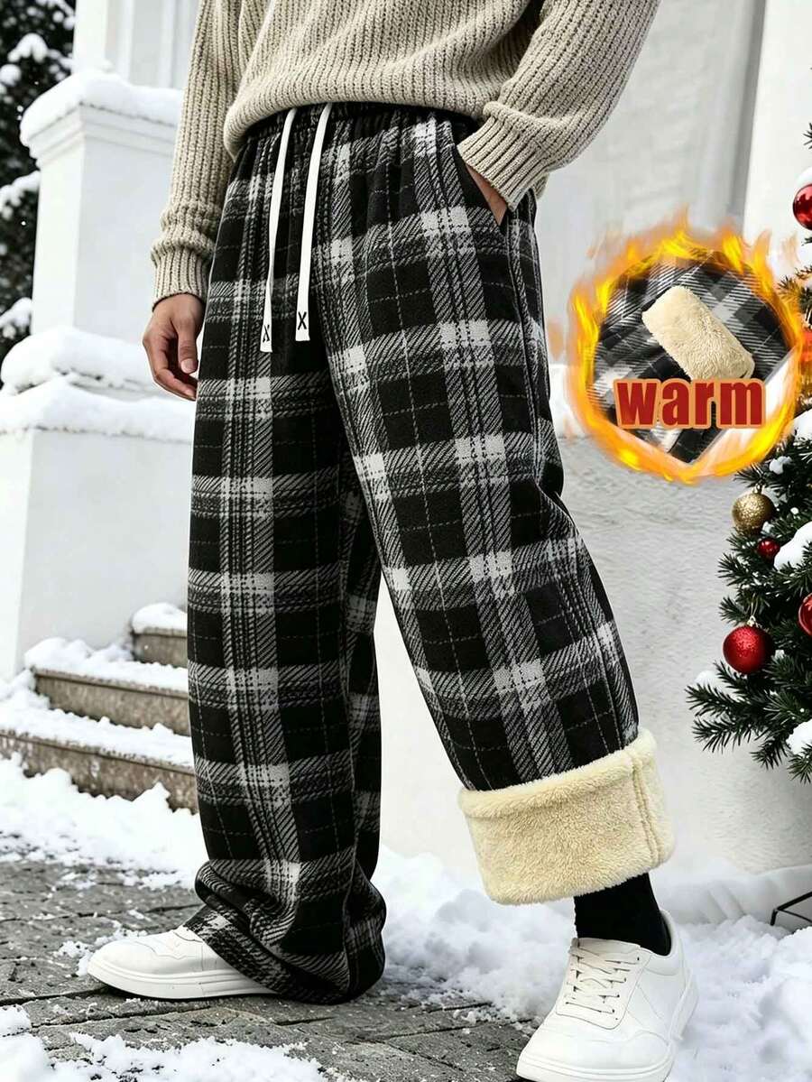 Men's Plaid Wool Lined Wide Leg Pants, Elastic Waist Drawstring Loose Casual Pants With Side Pockets, Suitable For Winter Outdoor Wear - Black - View 1