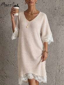 Plus Size Women Fall Winter 5/4 Sleeve Knit Midi Dress, V Neck Lace Splicing Elegant Loose Sweater Dress For Commute & Date - Baby Pink - View 5