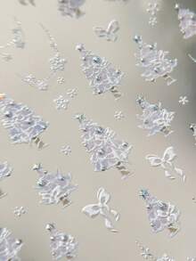 5D Embossed Christmas Tree Nail Stickers, Sweet Pink Lace Xmas Tree With Rhinestone Star Bow Snowflake Self-Adhesive Nail Art Decals Winter Holiday Manicure DIY Decorations - Multicolor - View 2