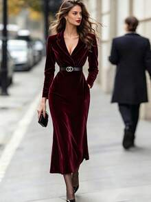 DONICY Women's Burgundy Velvet Lapel Blazer Style Tie Mid-Length Dress, Elegant Autumn/Winter Party Outfit - Red - View 1