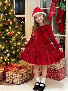 Girls' Christmas Plush Solid Color Round Neck Long Sleeve Dress, Autumn/Winter - Red - View 1