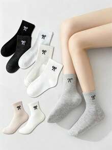 1 Pair Women's Ribbed Crew Socks, Cute Bow Embroidery Mid-Calf Socks, Soft Breathable Solid Color Casual Socks, Classic Neutral Tone Preppy Style Socks, Multi-Purpose Daily Wear Socks - Multicolor - View 3