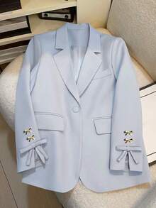 Fashion Plus Size Jacket With Bow Detail And Pointed Collar, Long Regular Sleeve, Creating A Stylish Look - Baby Blue - View 2