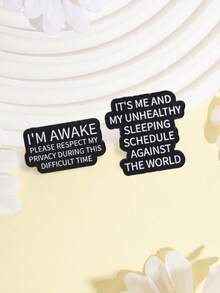 2 Pcs Fun Late Night Quotes Enamel Pins, Simple Text Satire Badges, Fashion Accessories For Clothes Backpacks, Gift For Friends - Black and White - View 5