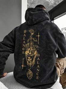 Men's Gold Artistic Pattern Hoodie, Casual Loose Fit Washed Pullover Sweatshirt - Black - View 1