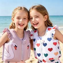 1pc Toddler Girls Cute Cartoon Swan Print Ruffle Trim Front Zipper Buoyancy Swim Vest, Children Swimming Training Floating Jacket Beach Pool Water Buoyancy Vest - Multicolor - View 2
