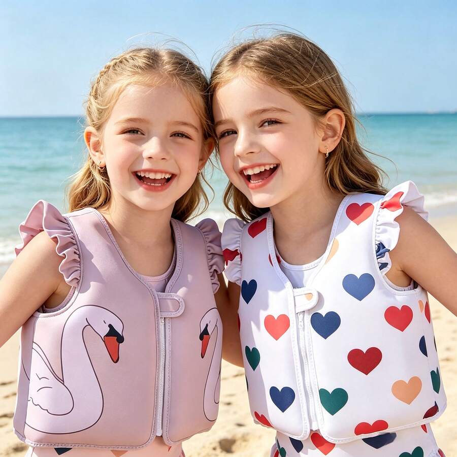 1pc Toddler Girls Cute Cartoon Swan Print Ruffle Trim Front Zipper Buoyancy Swim Vest, Children Swimming Training Floating Jacket Beach Pool Water Buoyancy Vest