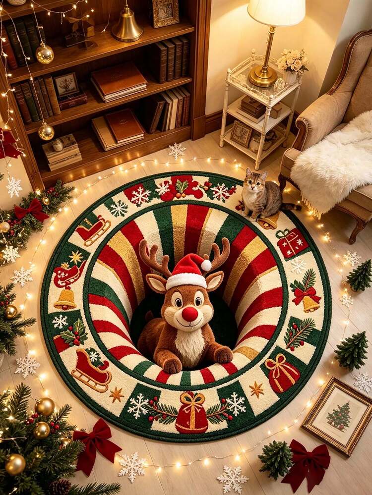 1pc Red Nose Reindeer Living Room Rug, Thickened Carpet, Thick Rug, Plush Carpet, Autumn/Winter Rug, Thickened Carpet, Living Room Rug, Carpet, Living Room Area Rug, Small Area Rug, Mat, Home Decor, Large Living Room Rug, Round Rug, Living Room Home Decor, Room Decor, Washable Carpet - Multicolor - View 1