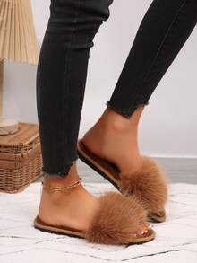 Spring Autumn Winter New Women's Faux Fur Open Toe Slippers, Fluffy Soft Plush Flat One-Strap Slides, Comfortable Warm Indoor Home Slippers - Brown - View 7