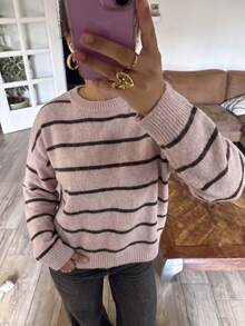 Women's Round Neck Striped Knit Sweater, Loose Casual Pullover Top, Vintage Style, Suitable For Campus, Street, Weekend And Daily Occasions - Pink - View 4