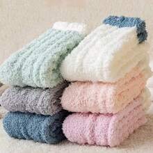 Coral Fleece Socks No Shedding Winter Colorblock Cable Knit Super Soft Sleeping Women's Mid-Calf Warm Floor Socks - Multicolor - View 2
