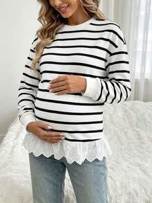 Bump Style Non-Stretch White Striped Long Sleeve Top For Maternity | Eyelet Lace Ruffle Hem Blouse - White - View 4