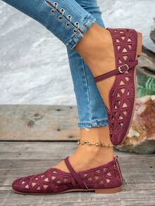 1 Pair Solid Color Sports Hook & Loop Women's Flat Shoes, Suitable For All Seasons And Holidays - Burgundy - View 3