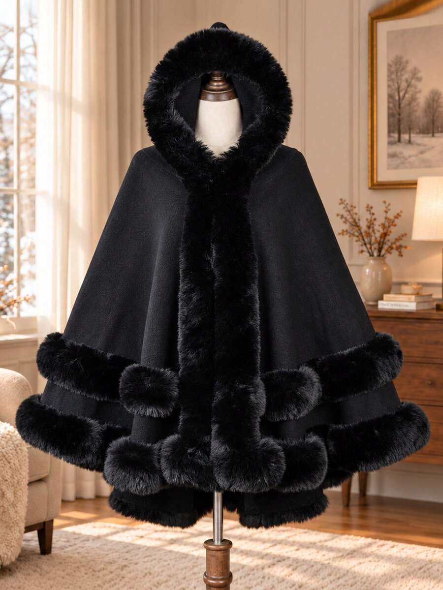 1pc Autumn/Winter Solid Color Dual Layer Faux Fur Trim Acrylic Hooded Poncho Shawl, Casual Elegant For Party For Dress - Black - View 1