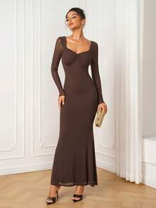 PARTHEA Elegantes braunes Mesh-Meerjungfrau-Maxikleid mit quadratischem Ausschnitt, langen Ärmeln, geraffter Brust und rückenfreiem Design, Abendkleid für Hochzeitsgäste für Frauen - Braun - Übersicht 9