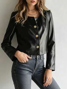 Women's Black PU Leather Gold Button Long Sleeve Round Neck Short Jacket, Autumn/Winter - Black - View 3