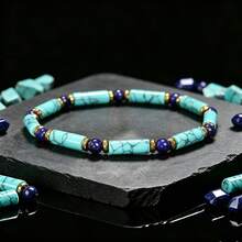 1PC Men Round Beads Turquoise Round Lapis Lazuli Bracelet With Golden Spacer Beads. Natural Stone Stackable Accessory, Perfect Gift For Husband,Dad - Turquoise - View 7