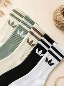 1/5/10/20 Pairs Women's Striped And Solid Color Mid-Calf Sports Socks, Couple Style, Breathable And Moisture-Wicking Casual Socks, Unisex, Suitable For Daily Wear, Sports Occasions And Campus Style, Random Color Assortment - Multicolor - View 4