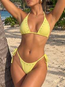 HOTTIE HABIT Women's Bright Yellow, Halter Triangle, 2 Pieces Bikini Set, High Cut, Rivet Detail, Summer Beach Pool Vacation - Yellow - View 2