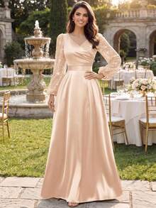 MIUSOL Glitter Floral Lace Contrast Satin Lantern Sleeve Modest Formal Party Maxi Dress,For Wedding Guest,Graduation,Dinner - Champagne - View 5