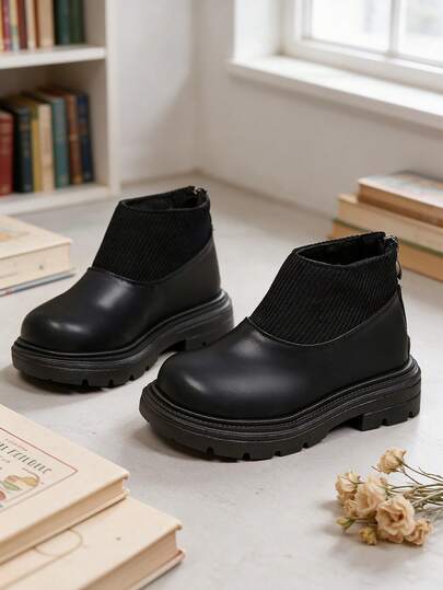 1 Pair Black New Style Children's Chelsea Boots, Soft PU Elastic Knit Sock Patchwork Thick Sole Anti-Slip Back Zipper Design Girls Shoes, Toddler/Small Child Autumn/Winter Daily Holiday Party Versatile