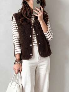 Autumn/Winter New Minimalist Single-Breasted Fleece Vest Casual Daily - Brown - View 6