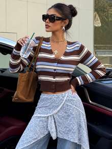 Women's Vintage Striped Short Cardigan Sweater, Long Sleeve, Ribbed Knit Hem, V-Neck, High Elastic Polyester Fabric, Suitable For Autumn/Winter Outfits, Versatile Casual Style - Brown - View 3