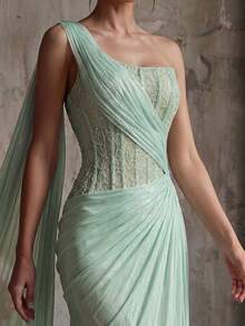 Smilprince Women's Light Blue Luxury One-Shoulder Beaded Chiffon Ruffle Hem Flowing Formal Evening Gown, Spring/Summer Wedding Guest Special Occasion Outfit - Baby Blue - View 6