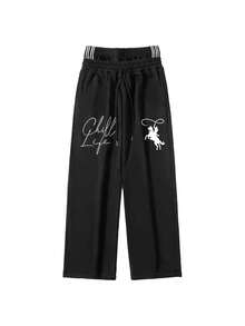 Men's Spring/Autumn Casual Fashion Letter Print Drawstring Waist Outdoor Hiking Minimalist Wide Leg Long Pants - Black - View 2