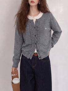 Women's Autumn/Winter Frill Trim 2 In 1 Cardigan Jacket - Grey - View 3