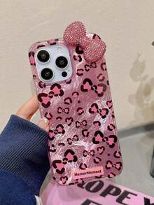 彩色豹紋閃鑽蝴蝶結亮面內襯手機殼，適用 18 Pro Max 18 Pro 17 16 15 14 Plus 13 Mini 12 11 Pro Max 智慧型手機 - 粉色 - 查看 1
